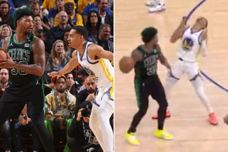 Read more about the article Warriors’ Jordan Poole gets away with wild flop on Marcus Smart