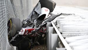 Read more about the article Zhou Guanyu’s car flips over tire barrier in huge F1 crash